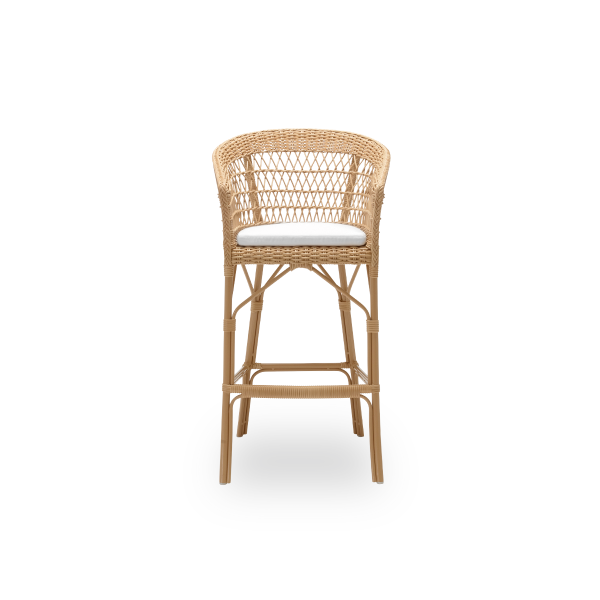 Front view of the Emma exterior bar stool with seat cushion, in natural ArtFibre and aluminium. From Sika-Design's Georgia Garden collection, suited to private homes and to hotels and restaurants alike.