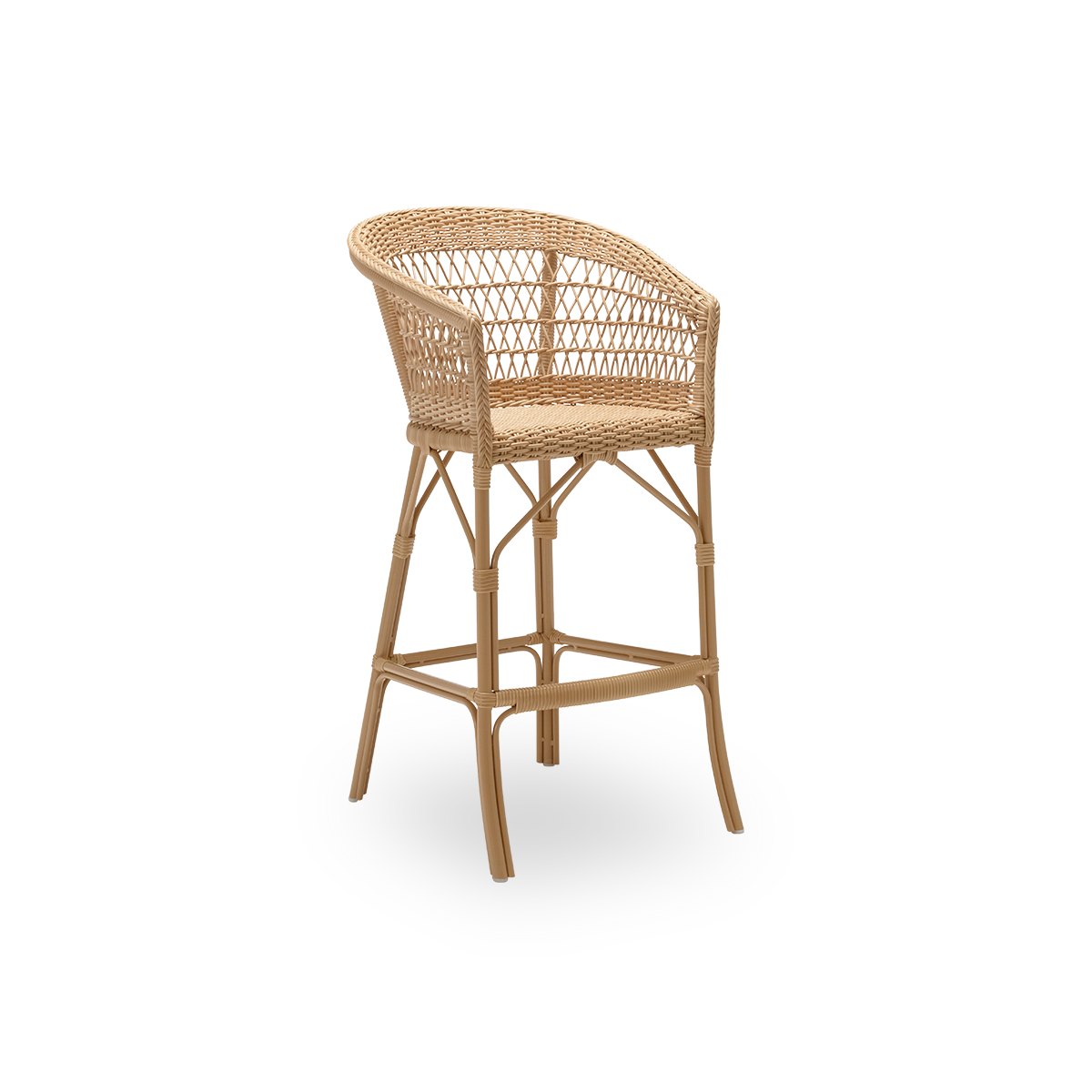 Side view of the Emma exterior bar stool, in natural ArtFibre and aluminium. From Sika-Design's Georgia Garden collection, suited to private homes and to hotels and restaurants alike.
