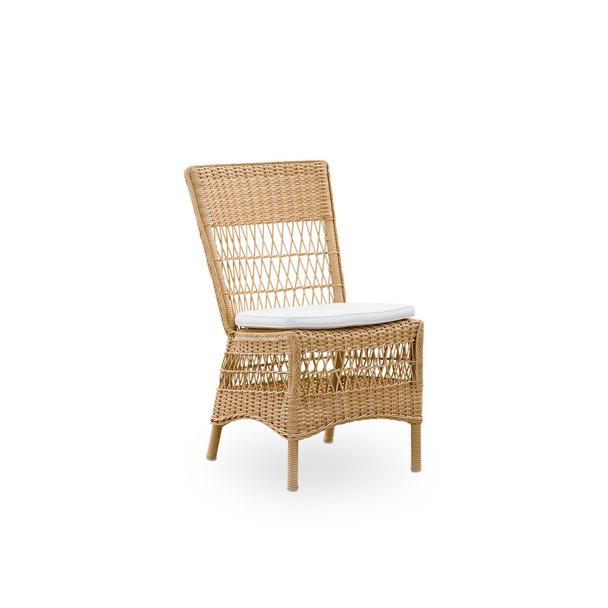 Side view of Marie outdoor dining chair presented in Natural color. Aluminum frame fully woven with ArtFibre inspired by British colonial style.