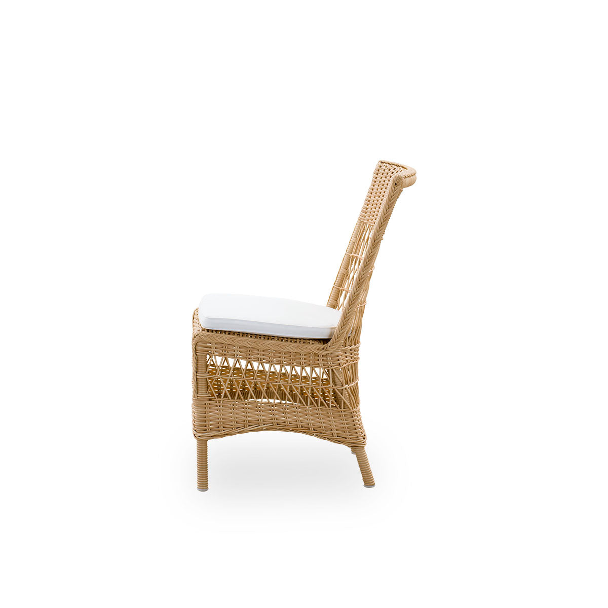 Plain side view of Marie outdoor dining chair presented in Natural color. Aluminum frame fully woven with ArtFibre inspired by British colonial style.