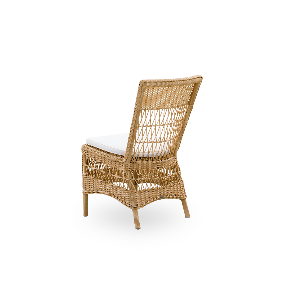 Plain back view of Marie outdoor dining chair presented in Natural color. Aluminum frame fully woven with ArtFibre inspired by British colonial style.