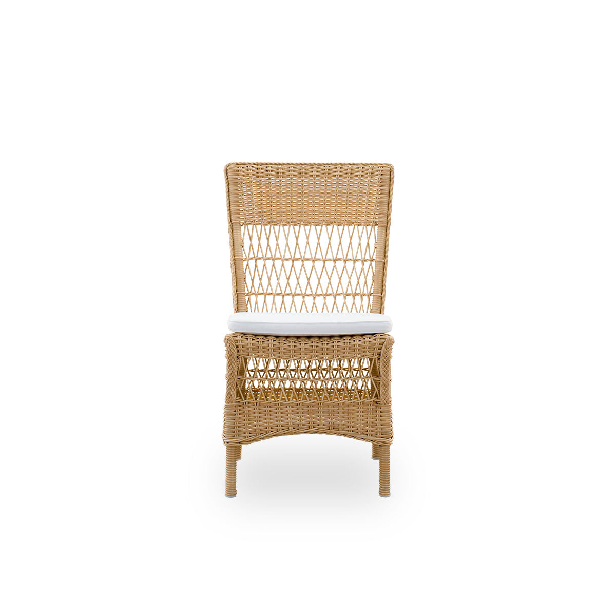 Side view of Marie outdoor dining chair presented in Natural color. Aluminum frame fully woven with ArtFibre inspired by British colonial style.