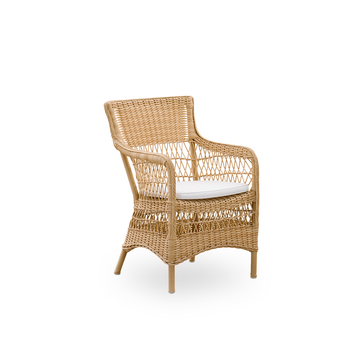 Side view of Marie outdoor dining chair with armrests presented in Natural color. Aluminum frame fully woven with ArtFibre inspired by British colonial style.