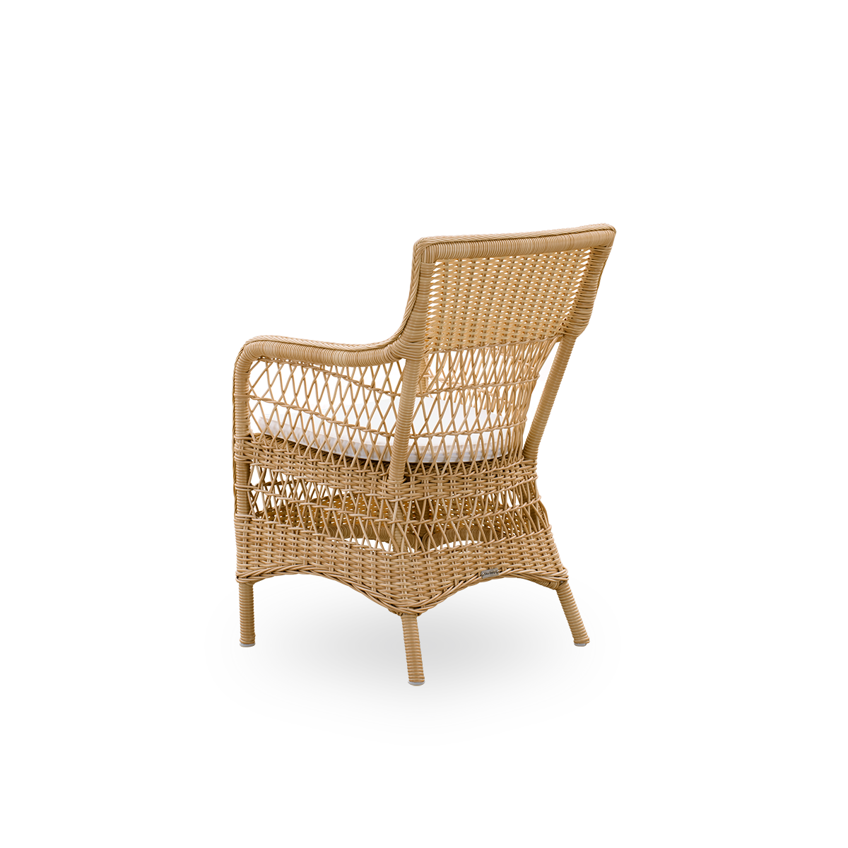 Plain back view of Marie outdoor dining chair with armrests presented in Natural color. Aluminum frame fully woven with ArtFibre inspired by British colonial style.