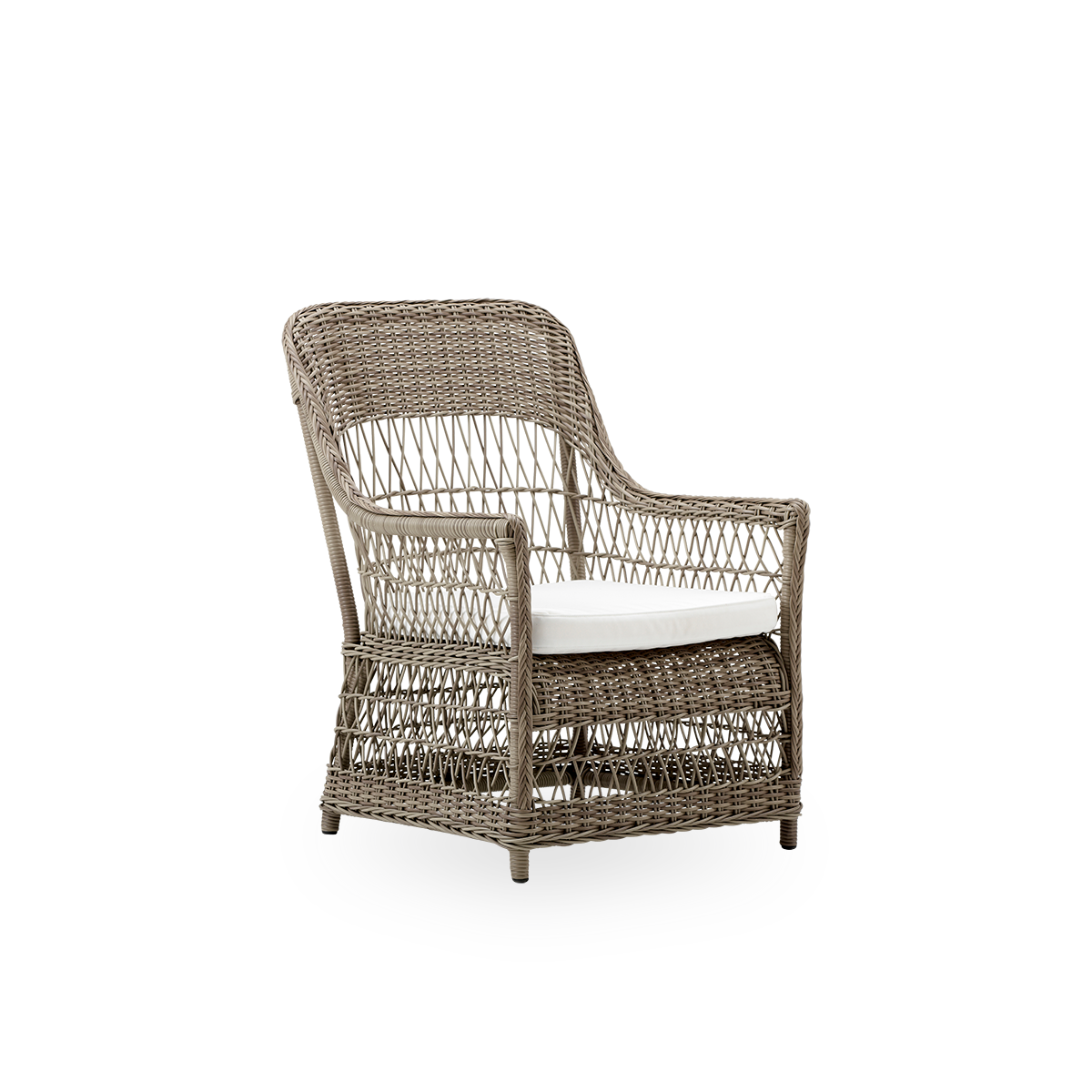 Side view of the Dawn outdoor lounge chair in antique grey color, inspired by British colonial style. Romantic lounge chair with armrest and a high backrest. Fully woven ArtFibre on hand-bent aluminum frame.