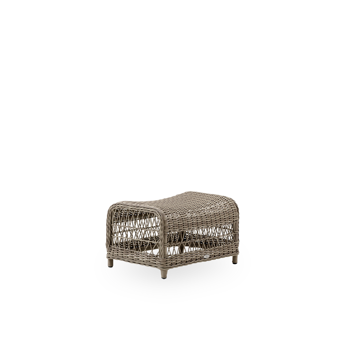 Side view of the Dawn Exterior footstool in antique grey color, inspired by British colonial style. Fully woven footstool handcrafted from ArtFibre on durable aluminum frames.