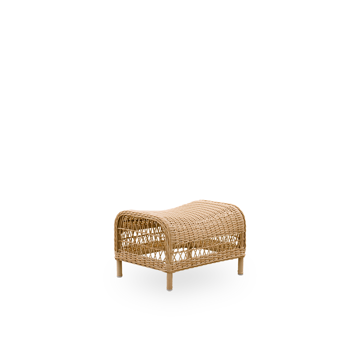 Side view of the Dawn Exterior footstool in natural color, inspired by British colonial style. Fully woven footstool handcrafted from ArtFibre on durable aluminum frames.