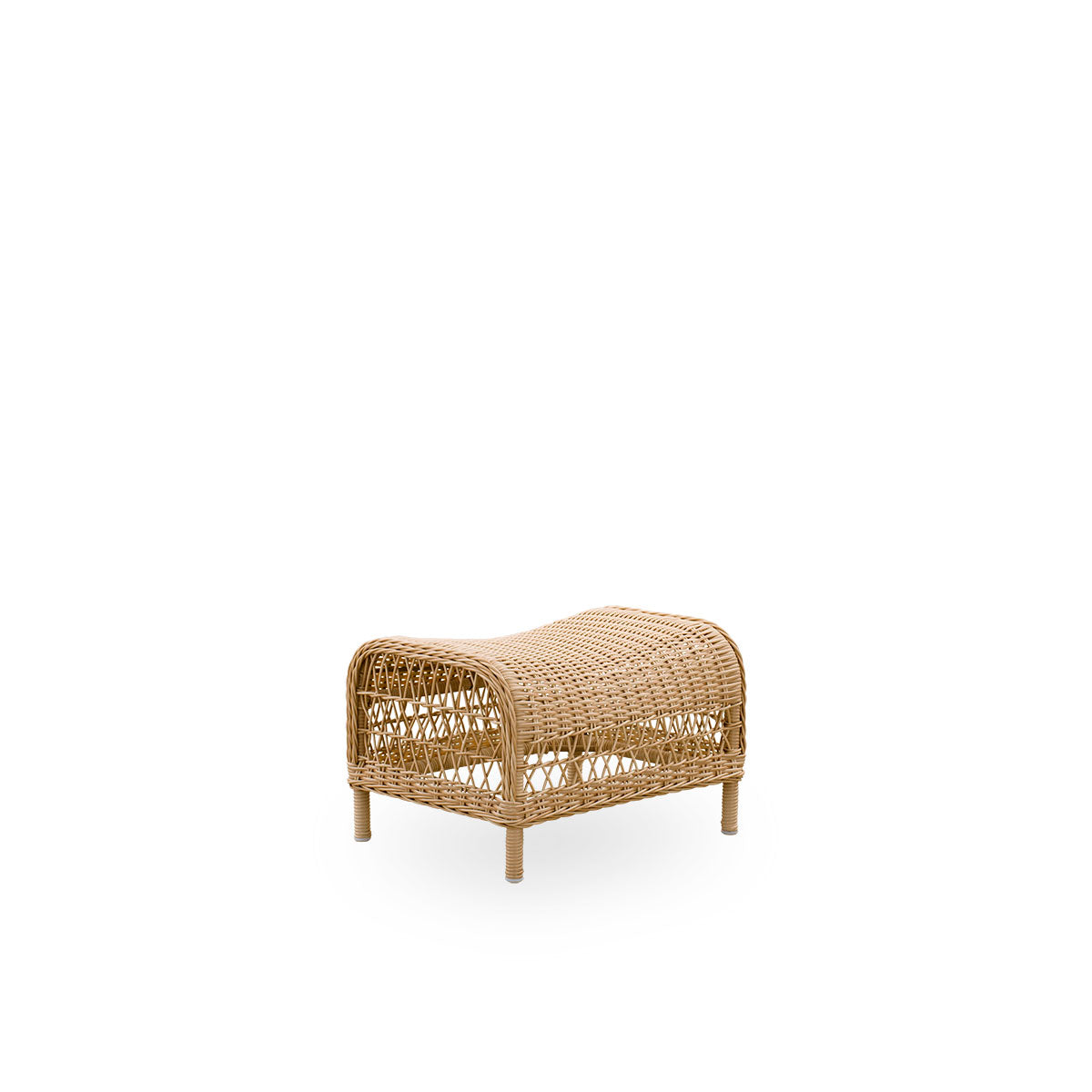 Side view of the Dawn Exterior footstool in natural color, inspired by British colonial style. Fully woven footstool handcrafted from ArtFibre on durable aluminum frames.