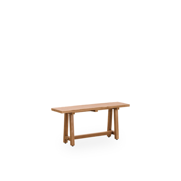 Side view of Lucas indoor teak bench, length 100 cm, a compact and elegant teak bench made from patinated teak with a rustic look in natural chestnut color.