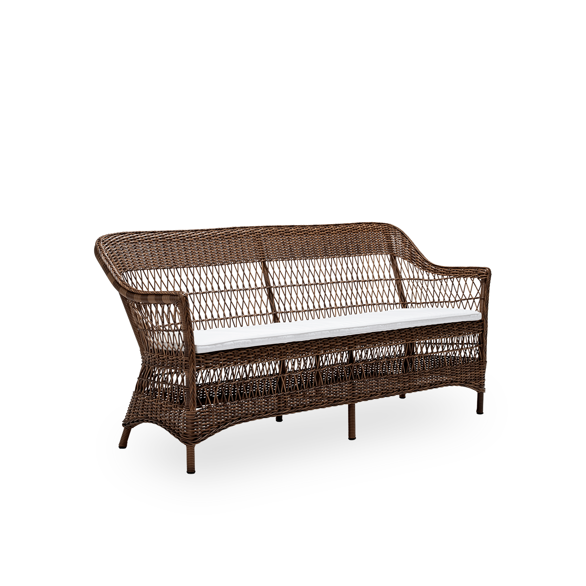 Side view of the Charlot exterior 3-seater sofa with seat cushion, in brown ArtFibre and aluminium. From Sika-Design's Georgia Garden collection, inspired by British colonial style and classic Danish wicker furniture.