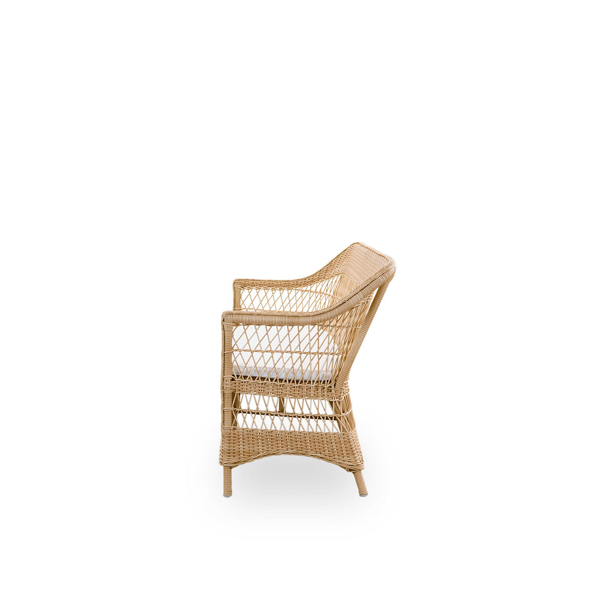 Plain side view of the Charlot 3-seater Exterior sofa in natural color, an fully woven outdor sofa in British colonial style, handcrafted from ArtFibre on durable aluminum frames.