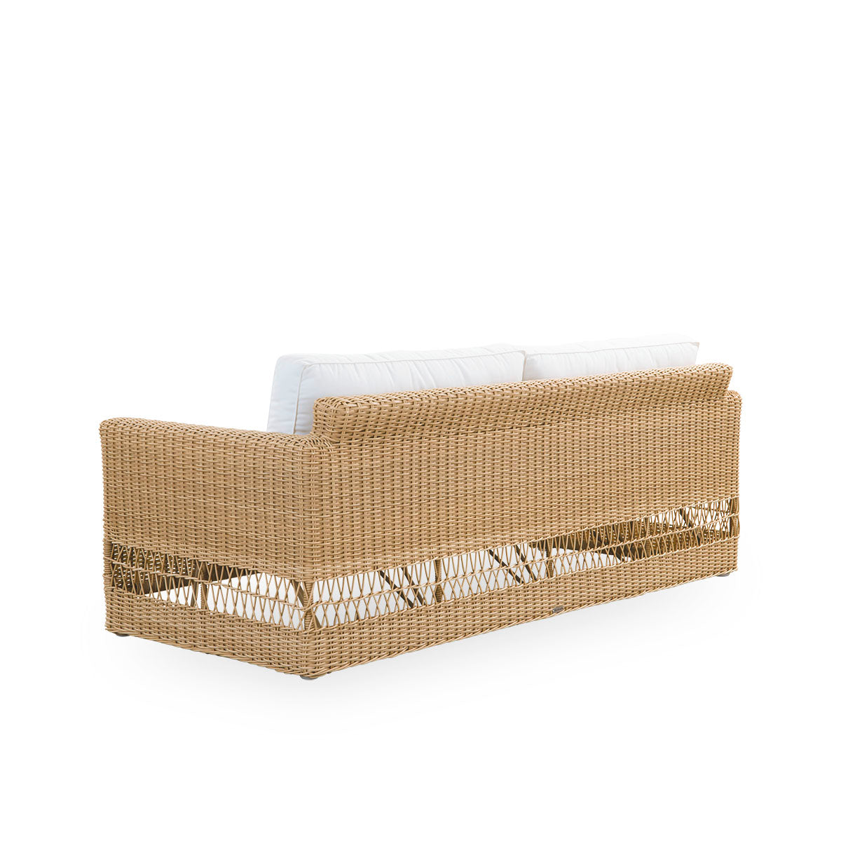 Plain back view of Carrie outdoor sofa in the color Natural. Squared robust 3-seater sofa made with aluminium frame fully woven with ArtFibre.