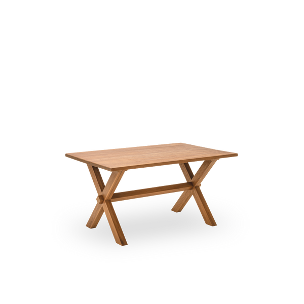 Side view of the Hugo dining table, 140x90 cm, in teak with a natural, patinated surface. Surface treated to bring out the natural grain of the wood, seating four. Made from teak certified as Indonesian Legal Wood.