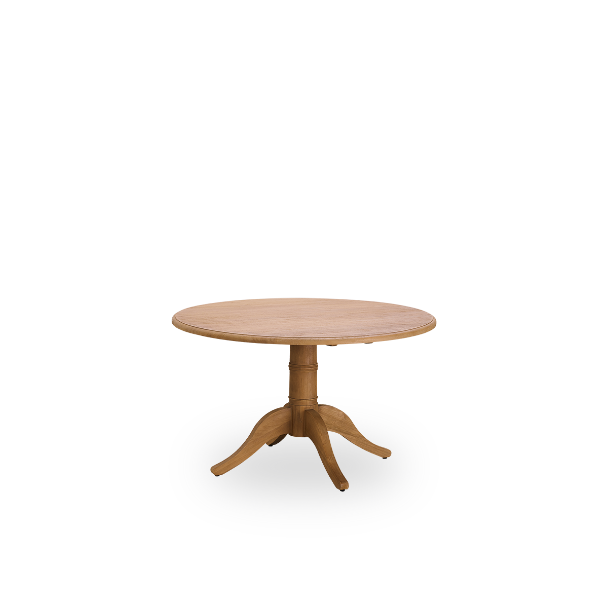 This is a lifestyle image of Michel Teak Dining Table Ø120 cm in teak indoor. Rustic brick loft with rattan chairs and lanterns.