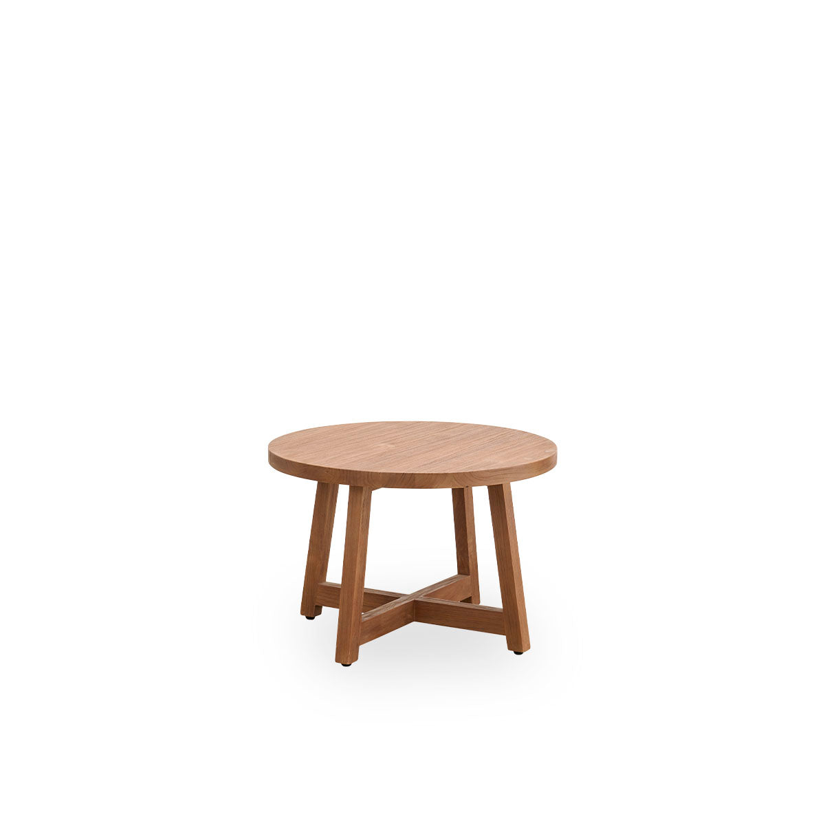 Side view of Round coffee table with a diameter of 75 cm and a height of 51 cm, made of teak with a natural, patinated surface.