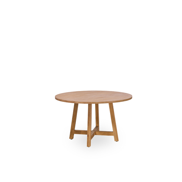 Side view of teak dining table, with a diameter of 75 cm and a height of 51 cm. Made of teak with a natural, patinated surface.