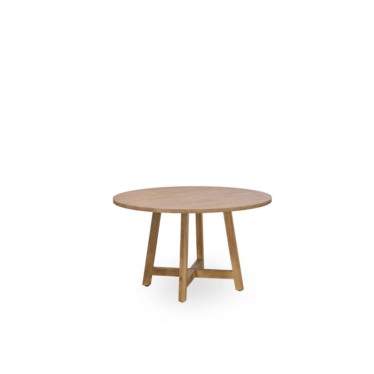 Side view of teak dining table, with a diameter of 75 cm and a height of 51 cm. Made of teak with a natural, patinated surface.