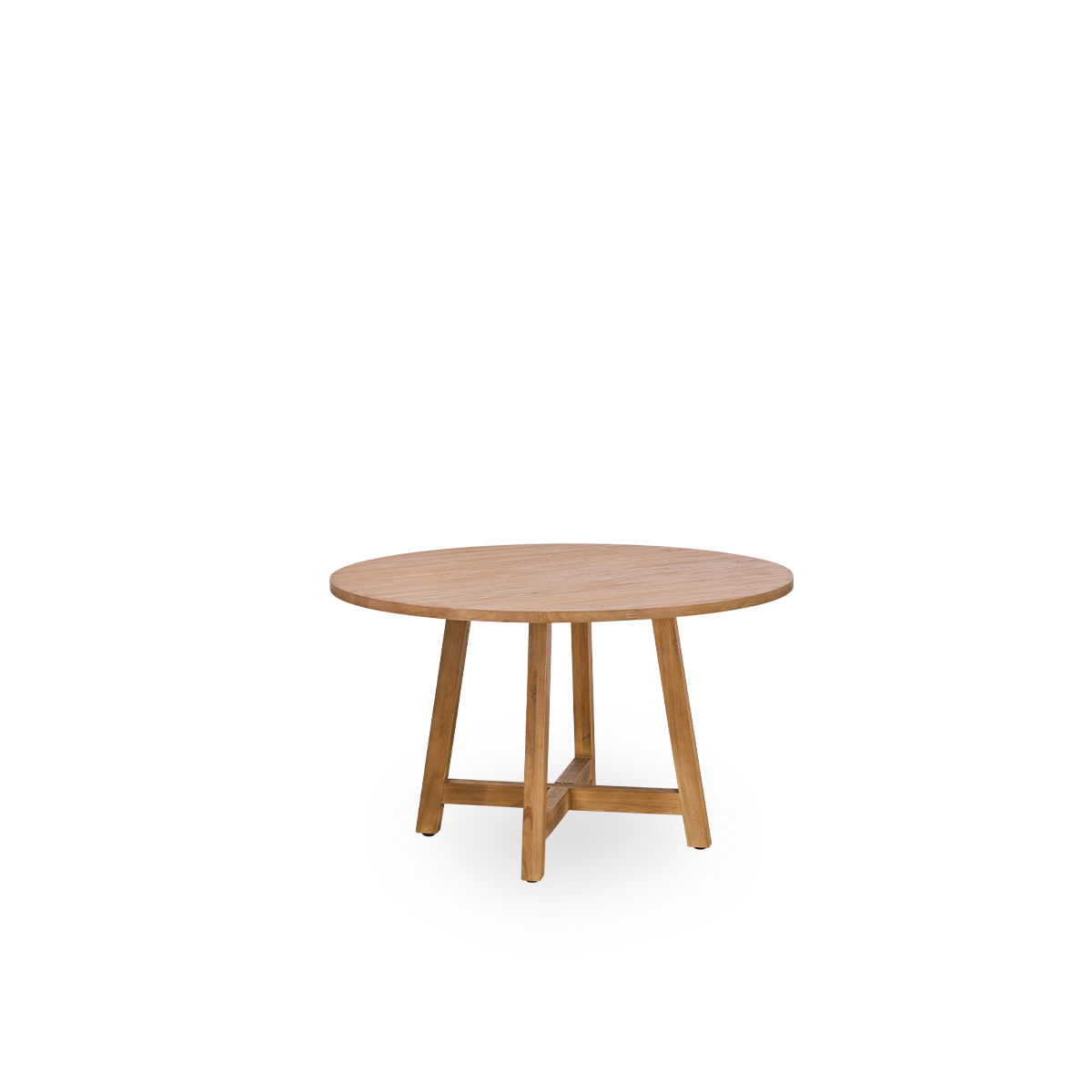 Side view of teak dining table, with a diameter of 75 cm and a height of 51 cm. Made of teak with a natural, patinated surface.