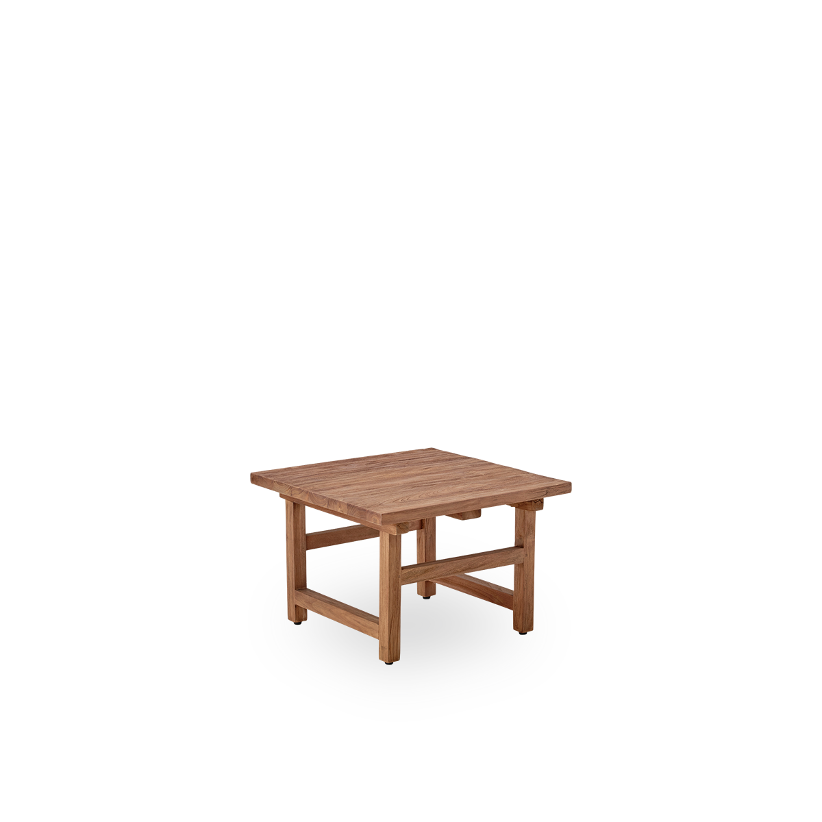 Side view of Alfred teak side table, 60x60 cm, is crafted from Indonesian legal wood, with patinated teak, with a rustic finish, showcasing natural wood and a solid design.