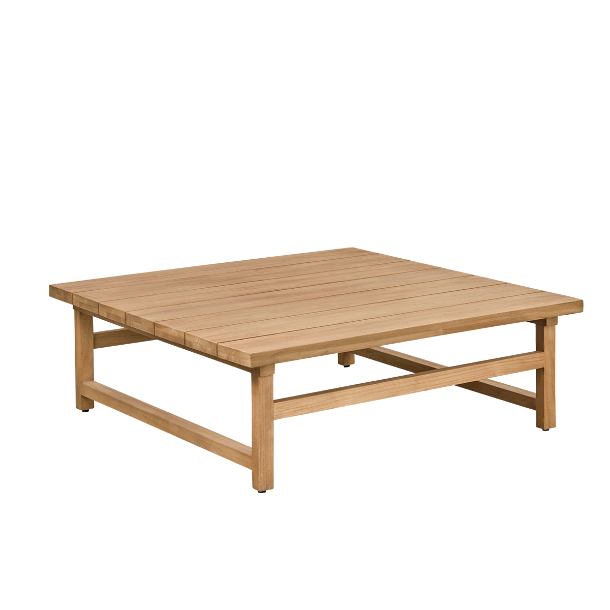 Side view of Julian outdoor teak lounge table 120x120 cm, handcrafted from premium Indonesian teak in chestnut brown color, certified ‘Indonesian Legal Wood’.