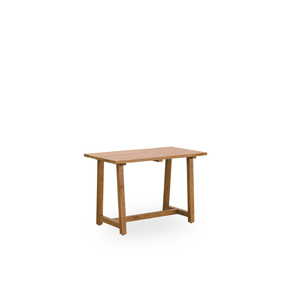 Side view of Lucas indoor teak desk in elegant, patinated teak for a rustic look in natural chestnut color.