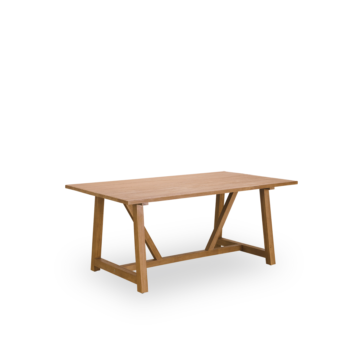 Side view of Lucas indoor dining table in patinated teak with a rustic, exclusive look in natural chestnut color. Size 180x100 cm for 6 persons.