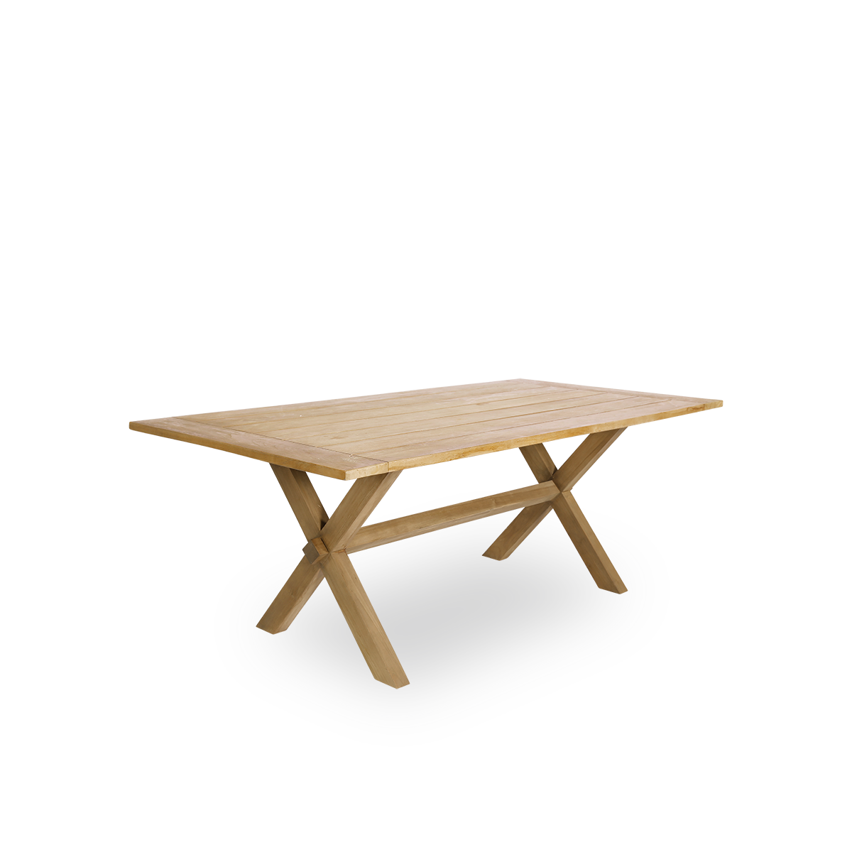 Side view of the Colonial outdoor teak dining table 200x100 cm suitable for 6 persons. The table has a brown chestnut color where the wooden boards are placed with a small space between. 