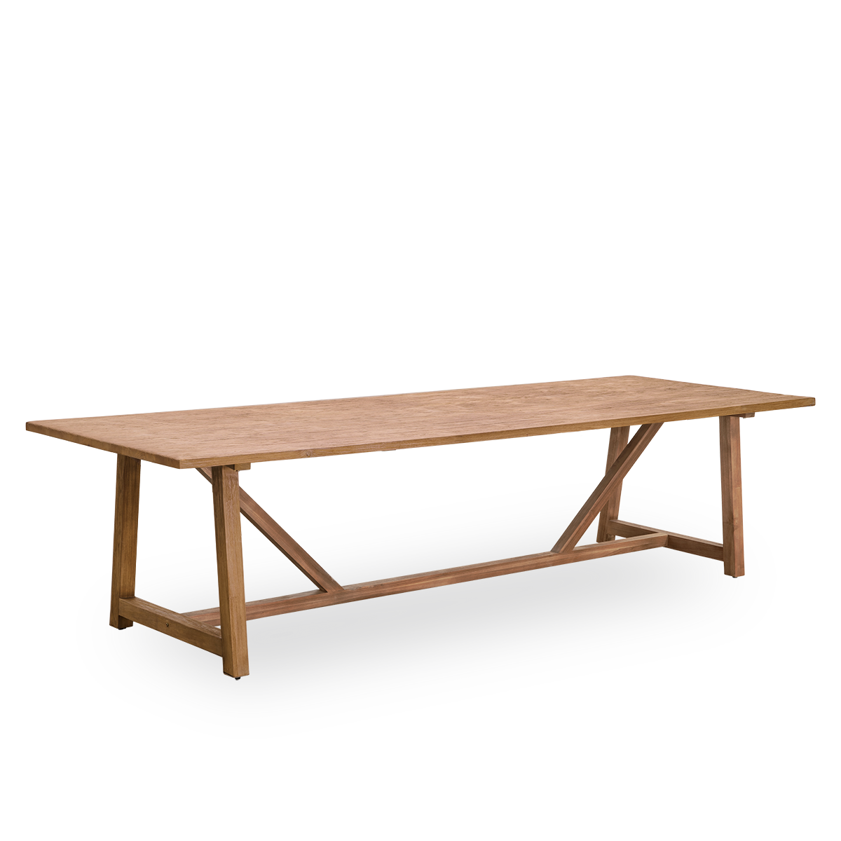 Side view of Lucas indoor dining table in patinated teak with a rustic, exclusive look in natural chestnut color. Size 300x100 cm for 10 persons.