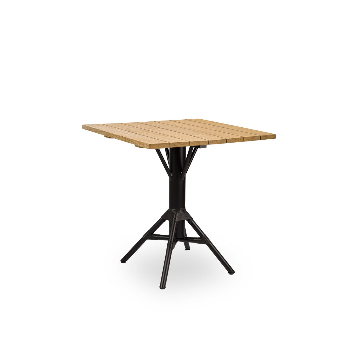 Side view of Nicole outdoor café table, inspired by French café style. Powder-coated black aluminum base with ArtFibre windings, with round chestnut brown teak top Ø80 cm.