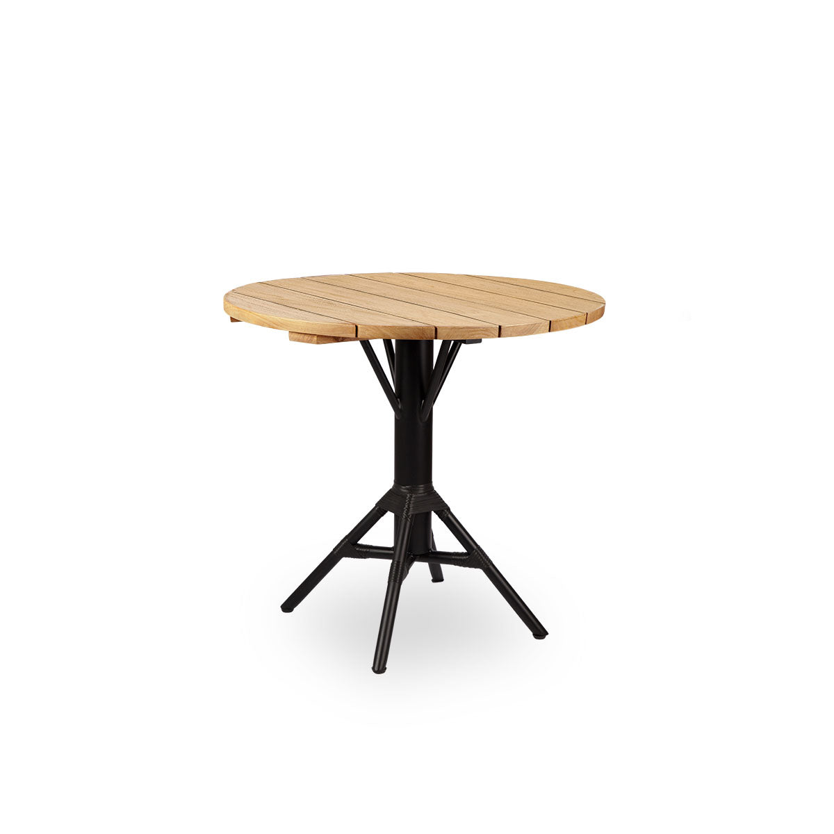 Side view of Nicole outdoor café table, inspired by French café style. Powder-coated black aluminum base with ArtFibre windings, with round chestnut brown teak top Ø80 cm.