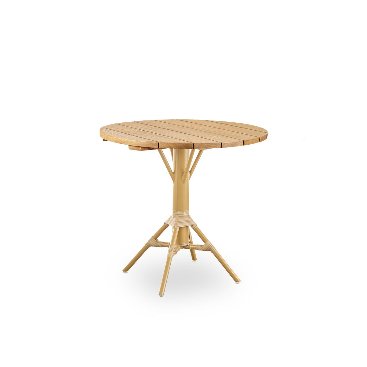 Side view of Nicole outdoor café table, inspired by French café style. Powder-coated aluminum base in Almond color with ArtFibre windings, with round chestnut brown teak top Ø80 cm.