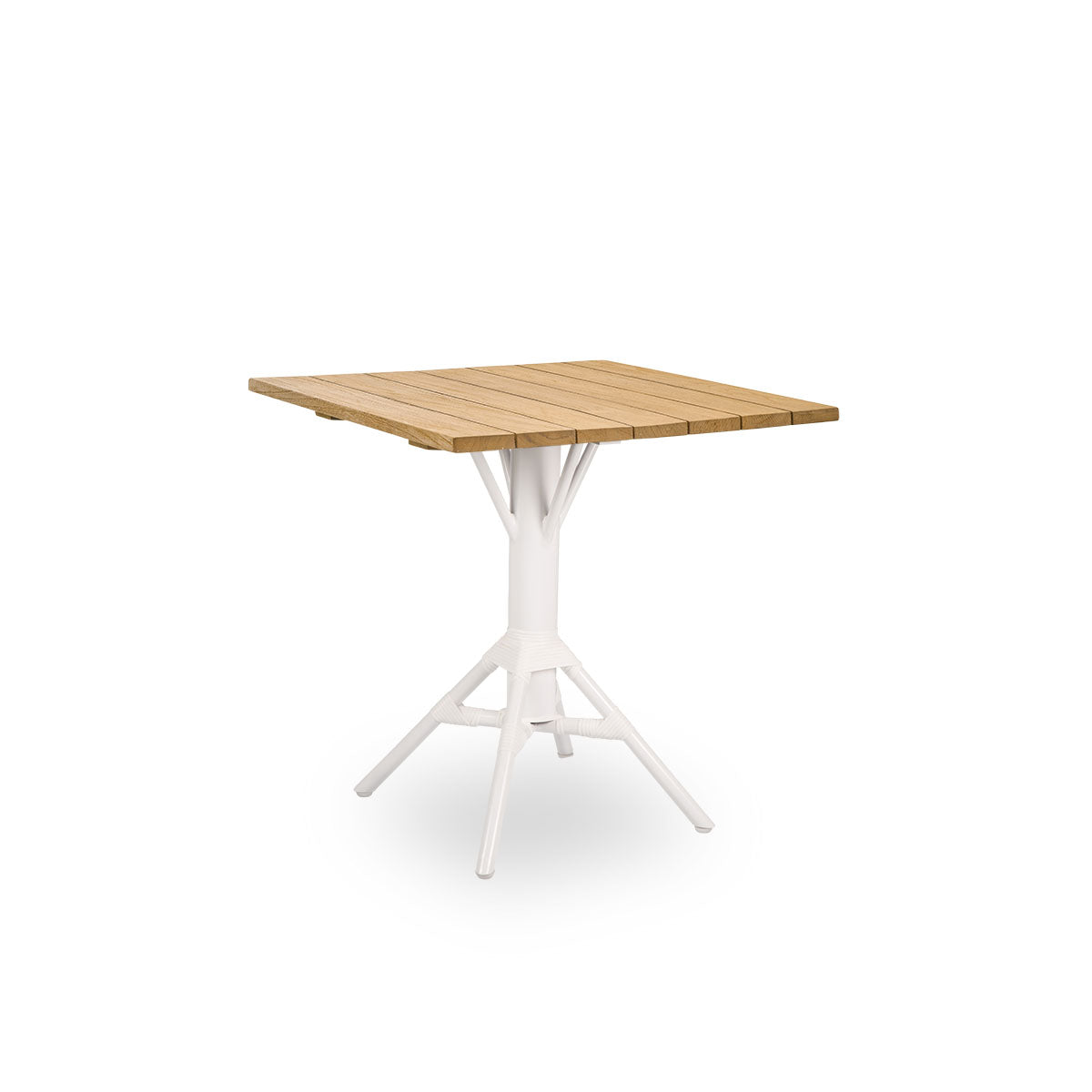 Side view of Nicole outdoor café table, inspired by French café style. Powder-coated white aluminum base with ArtFibre windings, with round chestnut brown teak top Ø80 cm.