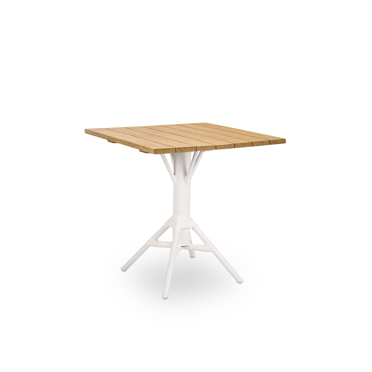 Side view of Nicole outdoor café table, inspired by French café style. Powder-coated white aluminum base with ArtFibre windings, with round chestnut brown teak top Ø80 cm.