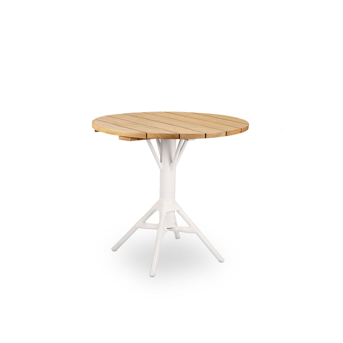 Side view of Nicole outdoor café table, inspired by French café style. Powder-coated white aluminum base with ArtFibre windings, with round chestnut brown teak top Ø80 cm.