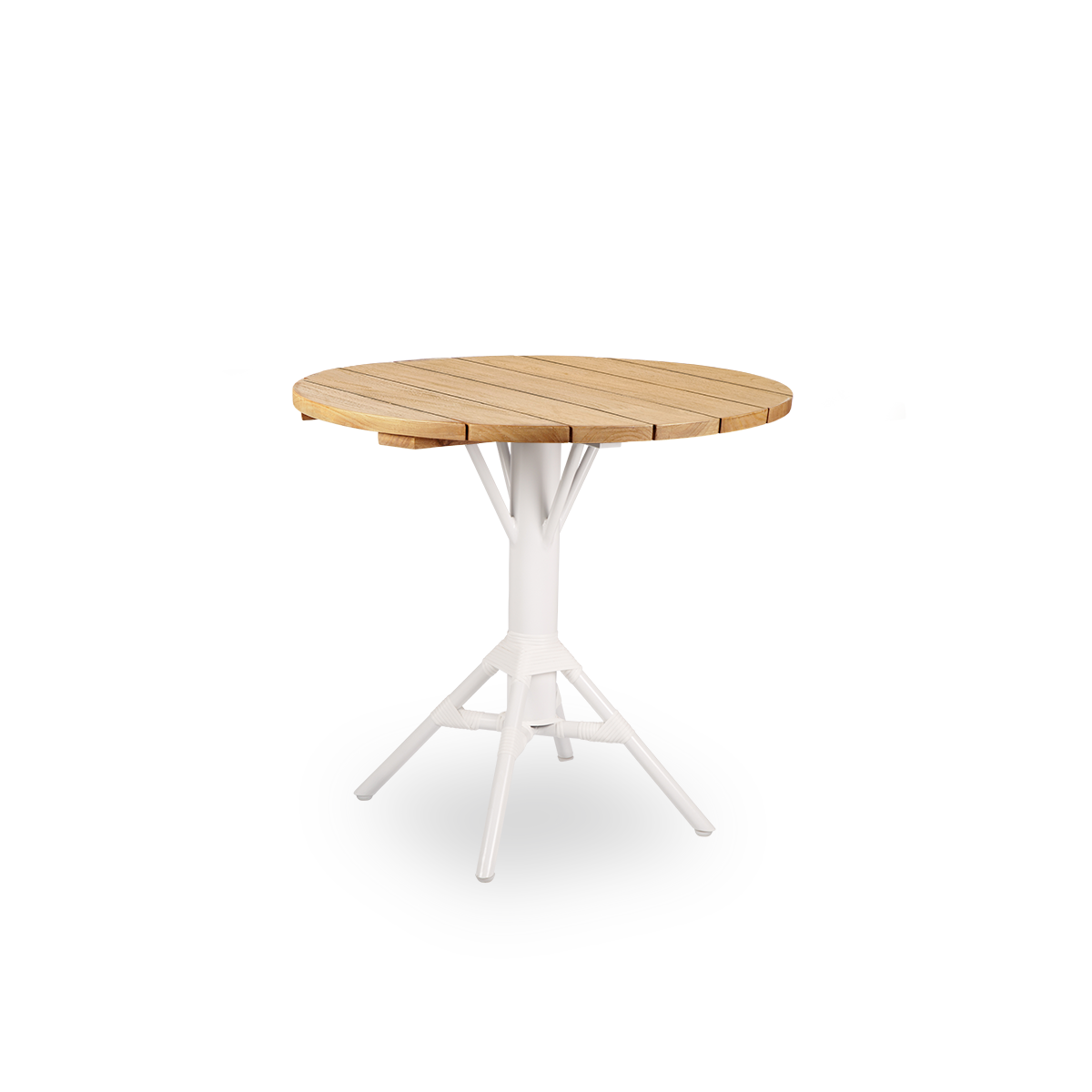 Side view of Nicole outdoor café table, inspired by French café style. Powder-coated white aluminum base with ArtFibre windings, with round chestnut brown teak top Ø80 cm.