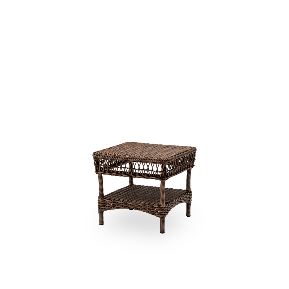 Side view of the Susy exterior side table, in brown ArtFibre and aluminium. From Sika-Design's Georgia Garden collection, inspired by British colonial style and classic Danish wicker furniture.