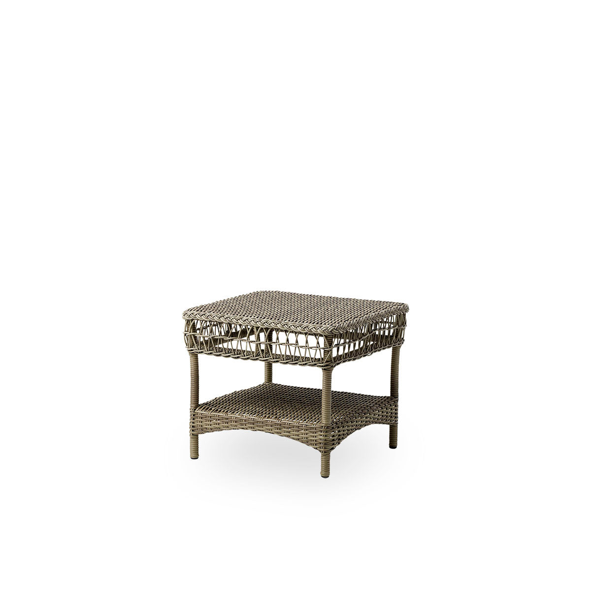 Side view of Susy Exterior outdoor side table in Antique color, inspired by British colonial style. Aluminium frame fully woven with ArtFibre.