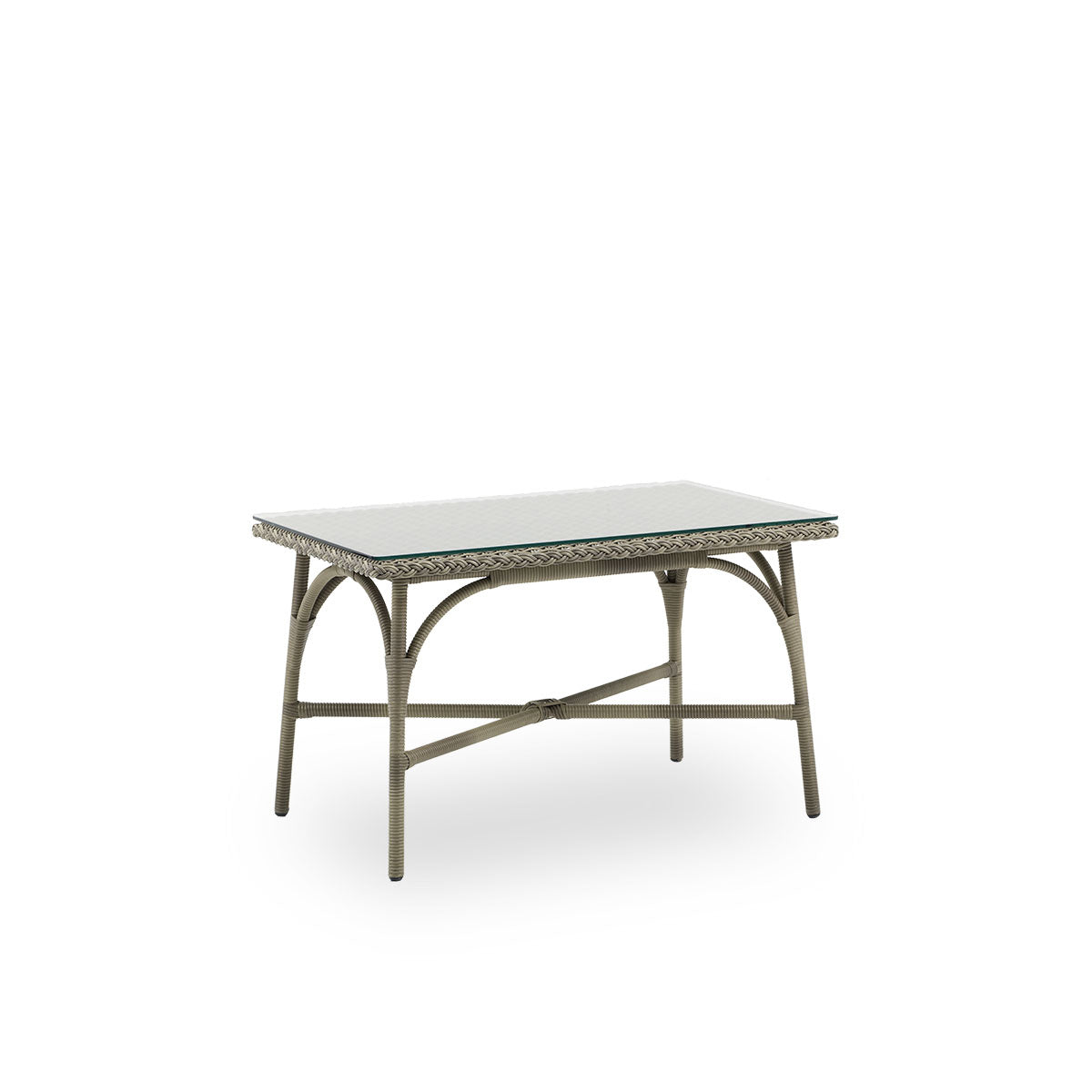 Side view of Victoria outdoor coffee table with glass top, inspired by British colonial style.  Aluminium frame fully woven with ArtFibre in Antique grey color. Size 60x100 cm.