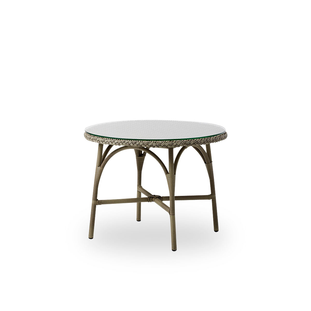 Side view of Victoria round outdoor coffee table with glass top Ø80 cm. Aluminium frame fully woven with ArtFibre in Antique grey color.