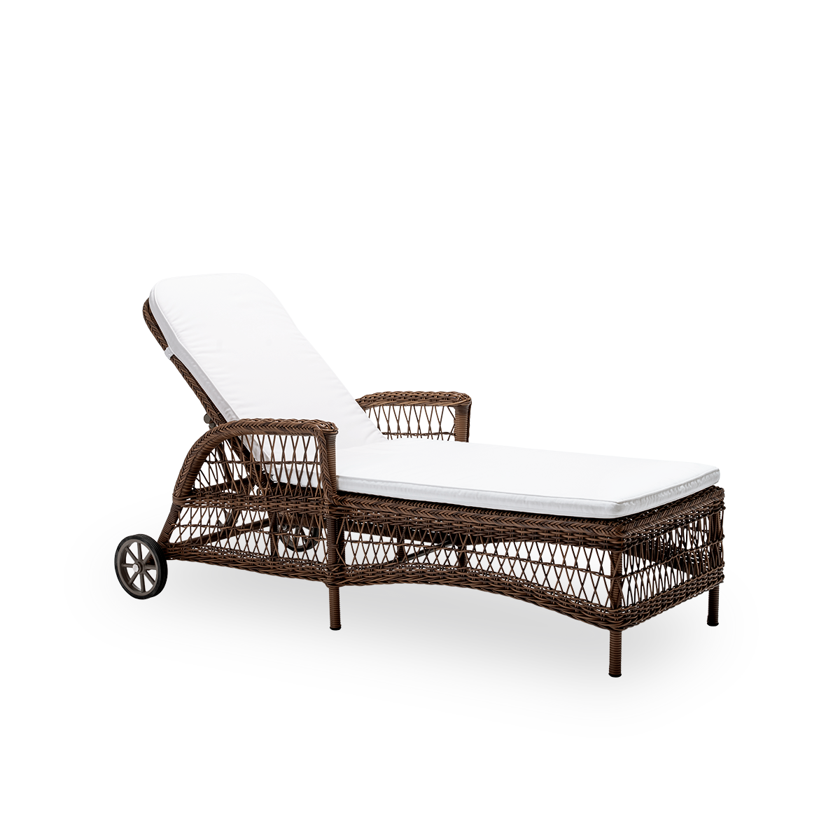 Side view of the Daisy exterior sunbed with seat cushion, in brown ArtFibre and aluminium. From Sika-Design's Georgia Garden collection, inspired by British colonial style and classic Danish wicker furniture.