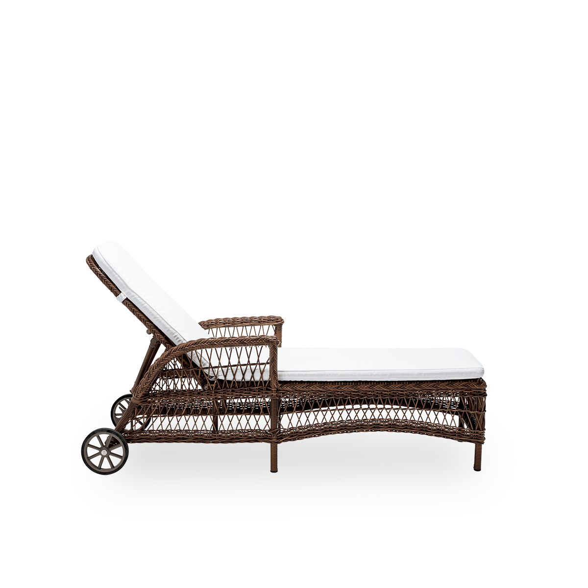 Plain side view of the Daisy exterior sunbed with seat cushion, in brown ArtFibre and aluminium. From Sika-Design's Georgia Garden collection, inspired by British colonial style and classic Danish wicker furniture.
