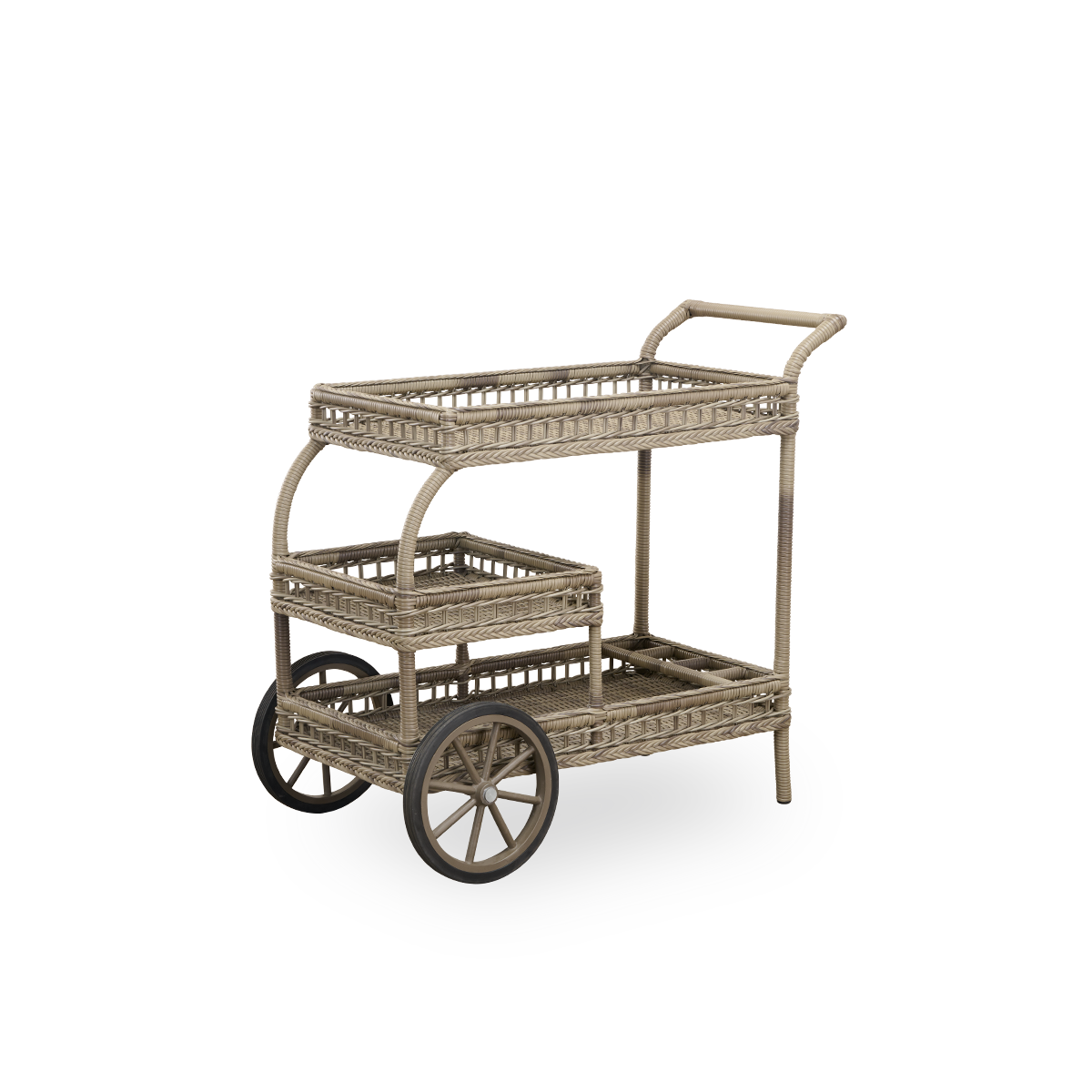 Side view of James outdoor bar trolley in Antique Grey color, handcrafted from ArtFibre on hand-bent aluminum frame, with intricate weavings and two wheels for easy mobility.