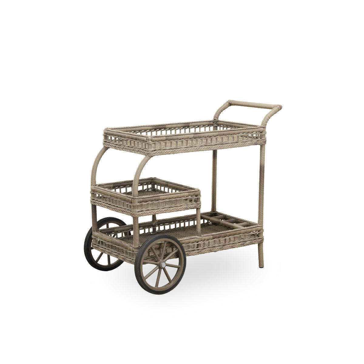 Side view of James outdoor bar trolley in Antique Grey color, handcrafted from ArtFibre on hand-bent aluminum frame, with intricate weavings and two wheels for easy mobility.