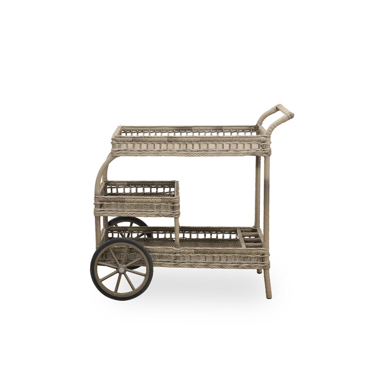 Plain view of James outdoor bar trolley in Antique Grey color, handcrafted from ArtFibre on hand-bent aluminum frame, with intricate weavings and two wheels for easy mobility.