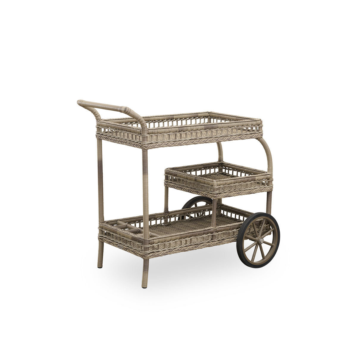Plain back view of James outdoor bar trolley in Antique Grey color, handcrafted from ArtFibre on hand-bent aluminum frame, with intricate weavings and two wheels for easy mobility.