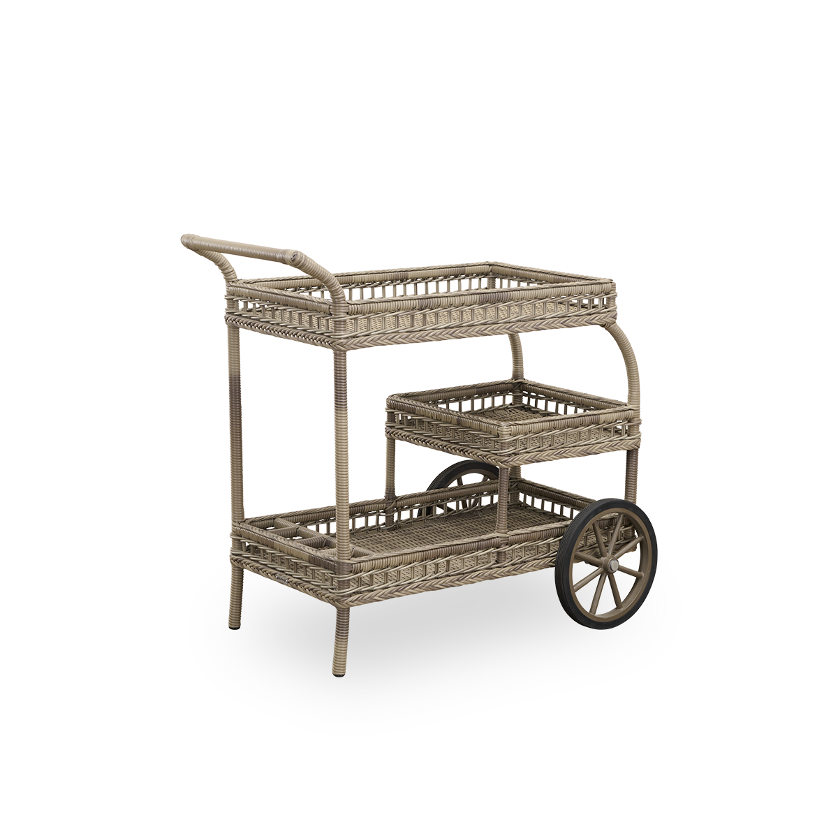 Plain back view of James outdoor bar trolley in Antique Grey color, handcrafted from ArtFibre on hand-bent aluminum frame, with intricate weavings and two wheels for easy mobility.