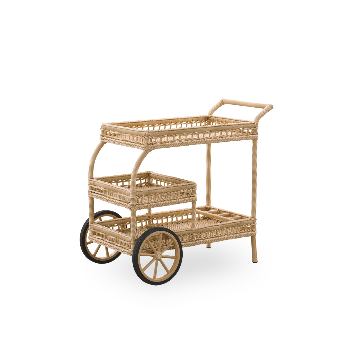 Side view of James outdoor bar trolley in natural color, handcrafted from ArtFibre on hand-bent aluminum frame, with intricate weavings and two wheels for easy mobility.