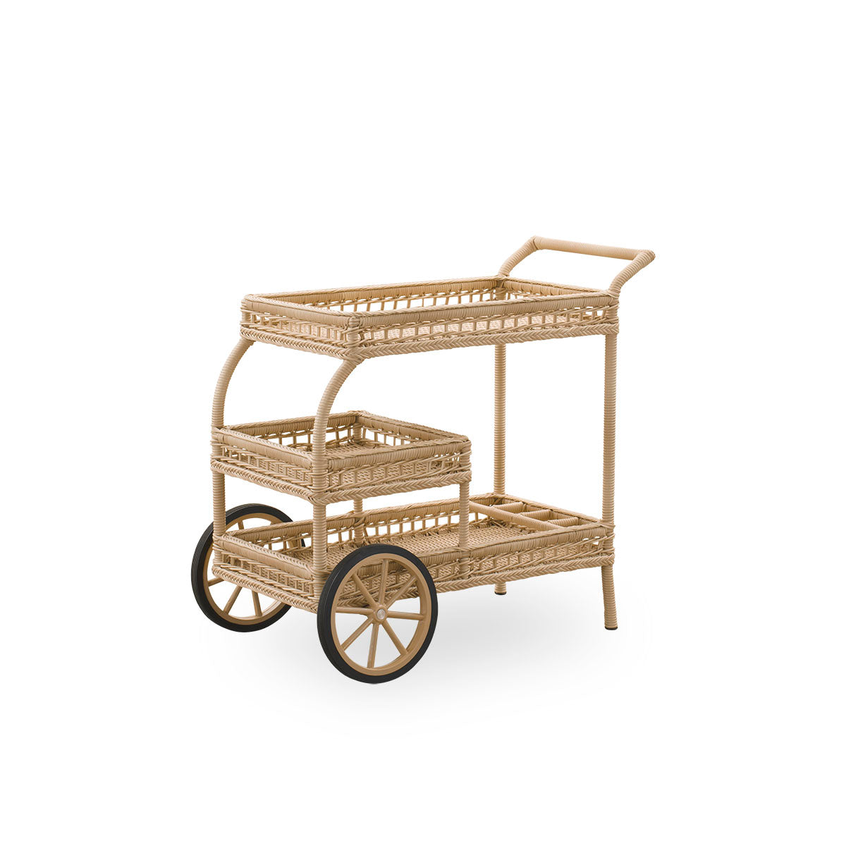 Side view of James outdoor bar trolley in natural color, handcrafted from ArtFibre on hand-bent aluminum frame, with intricate weavings and two wheels for easy mobility.