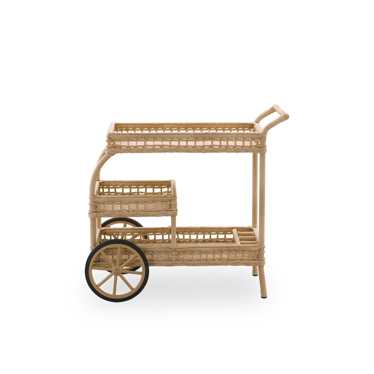 Plain side view of James outdoor bar trolley in natural color, handcrafted from ArtFibre on hand-bent aluminum frame, with intricate weavings and two wheels for easy mobility.