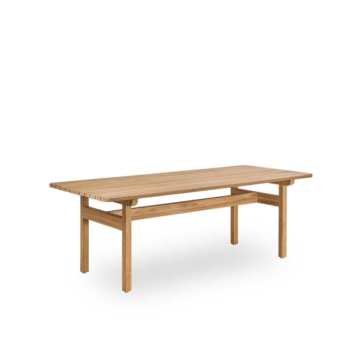 Side view of Tobias outdoor teak table designed by Arne Jacobsen, size 205x91 cm. Handcrafted in high quality certified Indonesian teak wood.